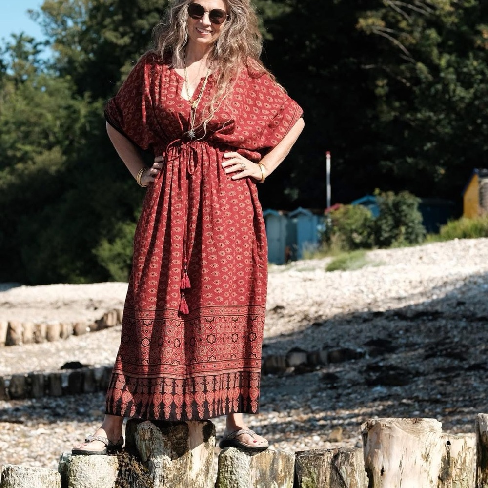 Pax Philomena natural dye Susie dress maxi kaftan ONE SIZE red black - Picture 2 of 6